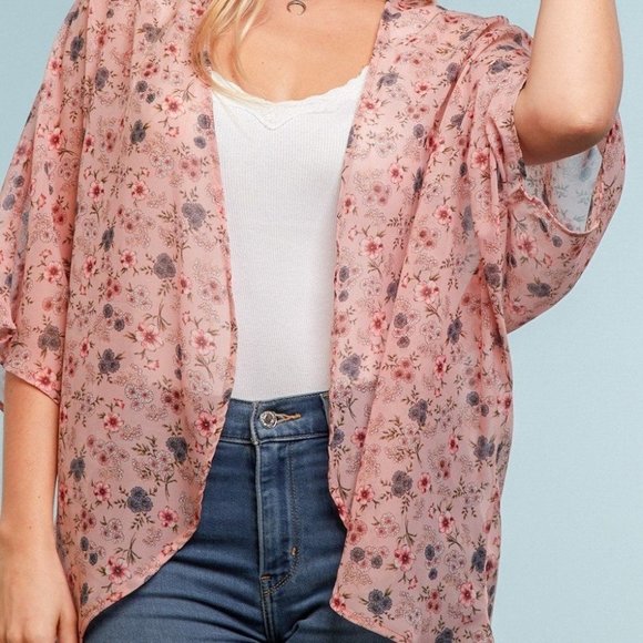 Blush Floral Short Sleeve Sheer Hi-Lo Kimono - Picture 2 of 4